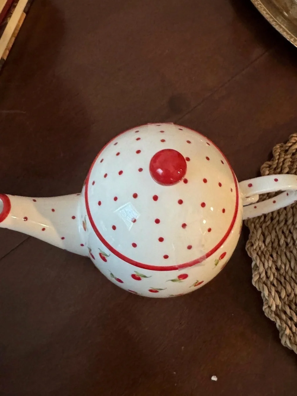 Hallmark Red & White Porcelain Teapot -Cherries and Polka Dots 6 Cup